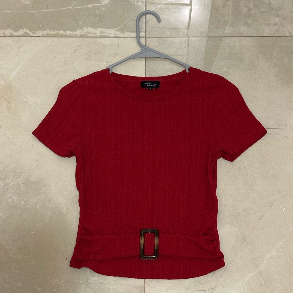 Elegant Red Belted Short Sleeve Top